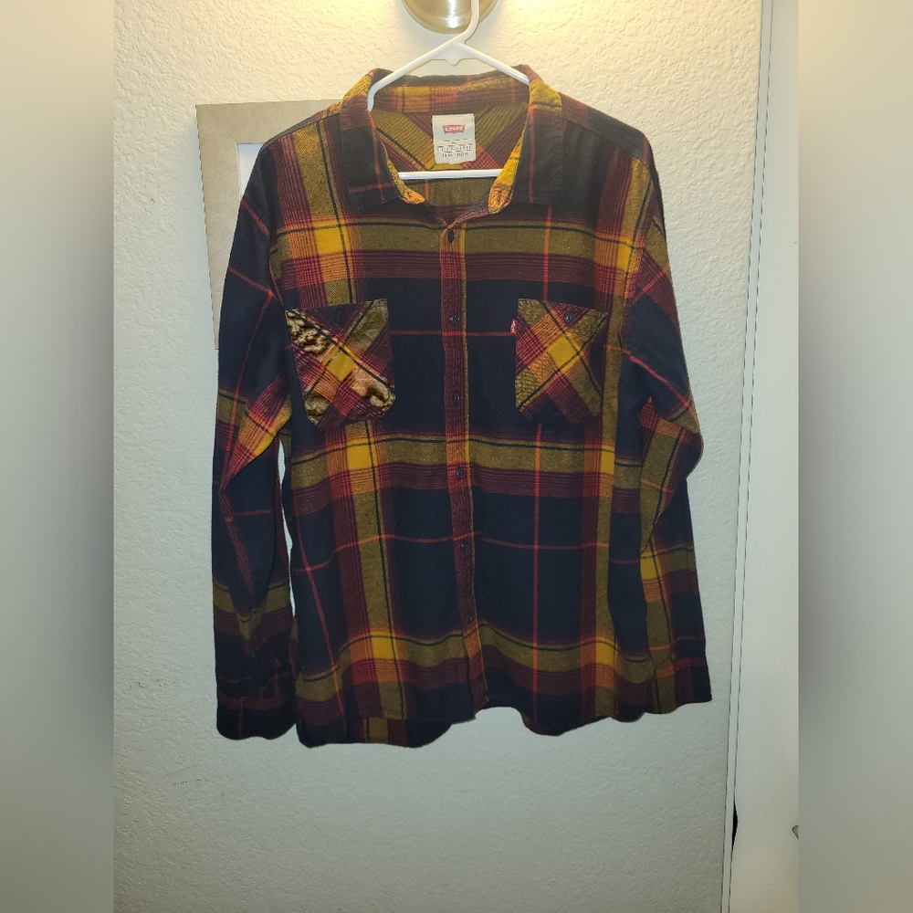 Levis Flannel Shirt Unisex‎ XXL Red Orange Blue Plaid Long Sleeve Button Up